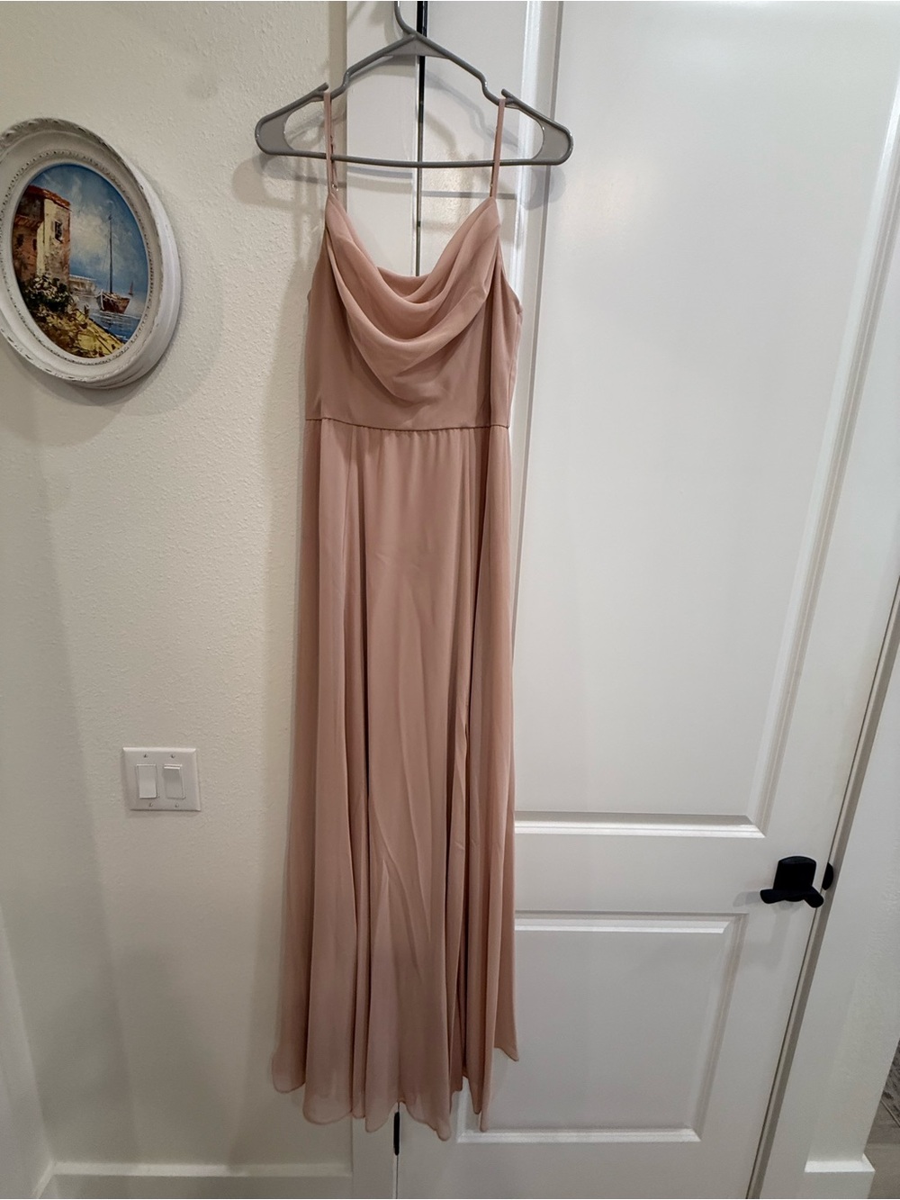 David’s Bridal Elegant Spaghetti Strap Cowl Neck Maxi Dress in Soft Blush Size 8